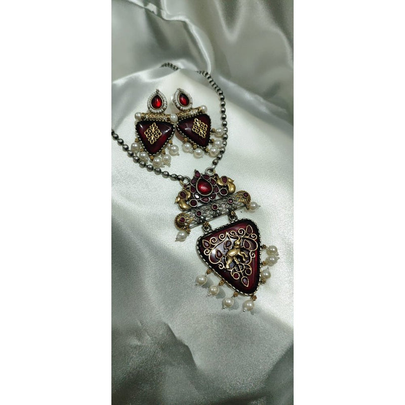Rajasthani Oxidised Pendant Set with Red Meenakari Work