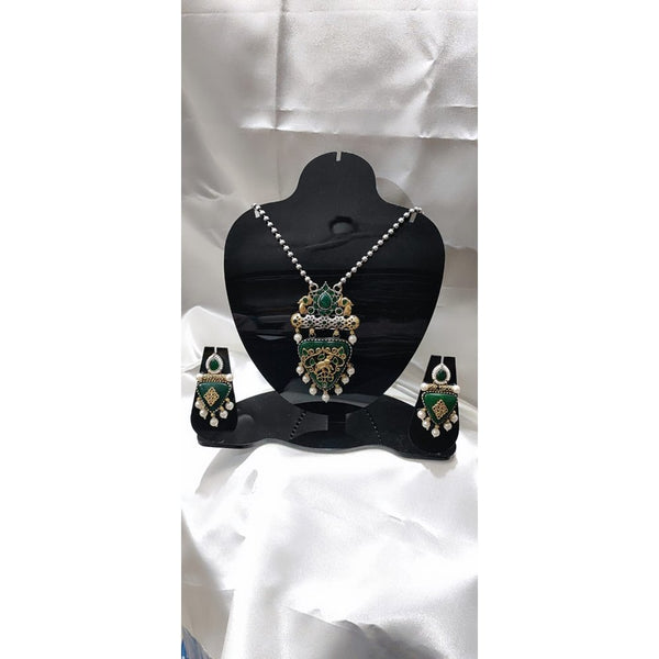 Rajasthani Oxidised Pendant Set with Green Meenakari Work